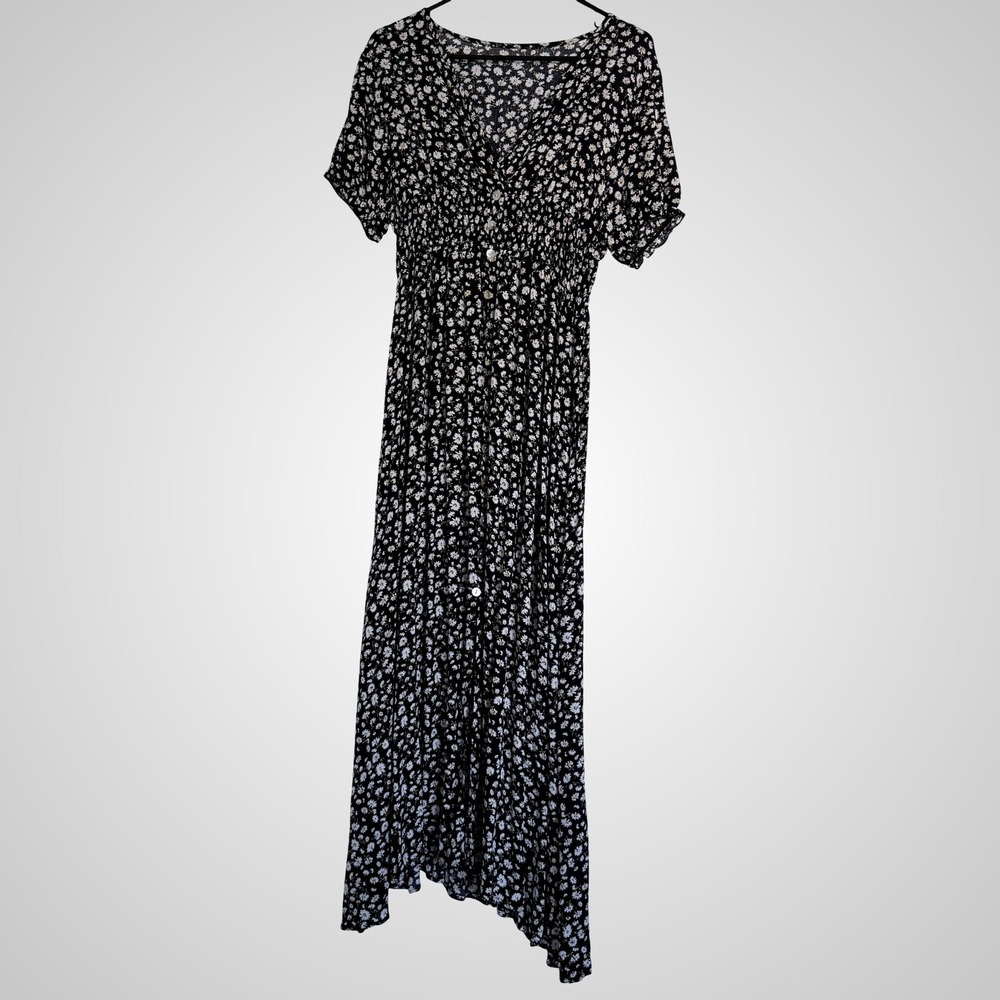 Beachsissi Navy Daisy print‎ Button skirt Dress V-neck Sz L New Resortwear Flowy